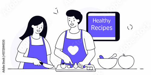 A cheerful couple prepares healthy recipes together, cutting vegetables, a design concept for culinary websites, cookbooks, and food-related branding.