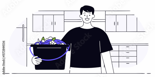 Cheerful individual carrying a bucket of fresh food ingredients within a bright kitchen setting, ideal for culinary projects and recipe applications.