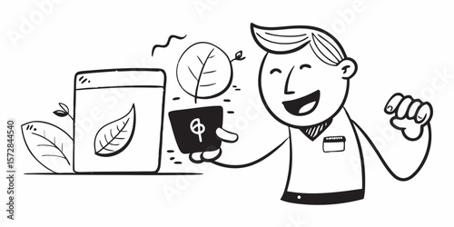 Happy worker shows digital planting, a concept for sustainable growth and modern business solutions, perfect for logo or icon.