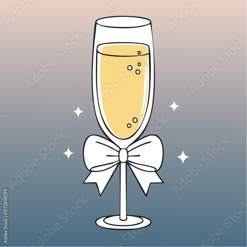 Line art champaign glass with bow. Coquette outline illustration of cocktail drink. Hand drawn doodle bar element. Vector graphic