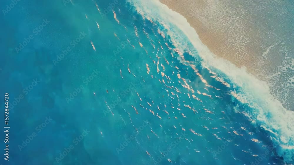 An  of a blue ocean with waves gently washing on the shore, evoking feelings of relaxation and vacation.