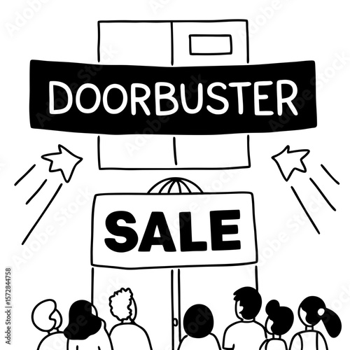 Cartoon crowd gathering for doorbuster sale event