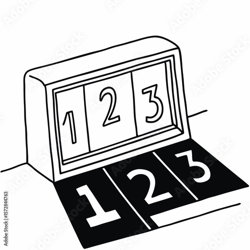 Flip scoreboard showing numbers 1 2 3 in black and white