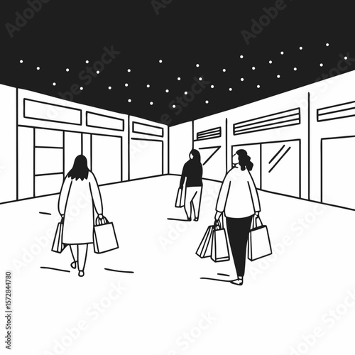 Shoppers carrying bags in mall at night black and white