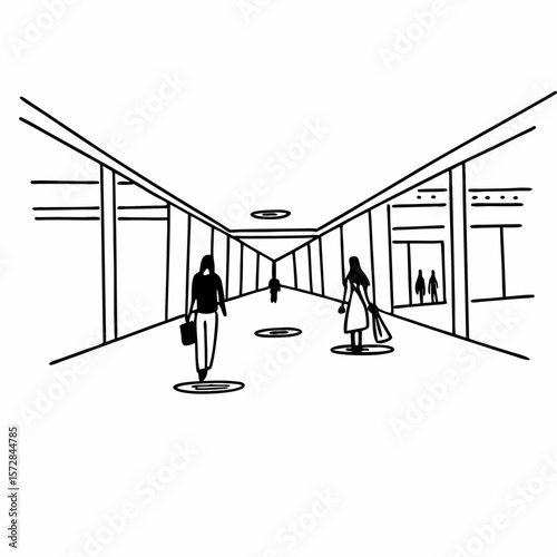 People walking in modern shopping mall corridor sketch