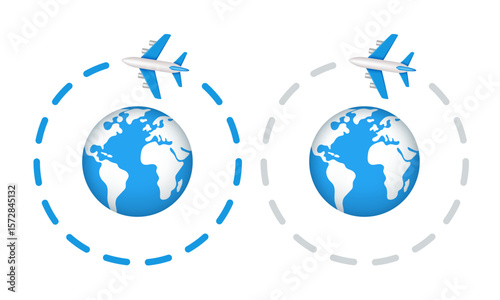 Travel around the world icon. Planet and airplane. Vector 3d icon isolated on white background