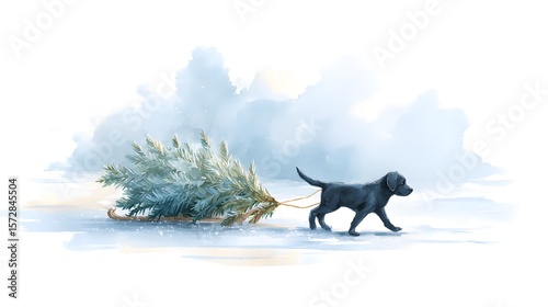 Black dog dragging Christmas tree through snowy misty forest — cozy winter moment, festive spirit, eco-themed holiday adventure