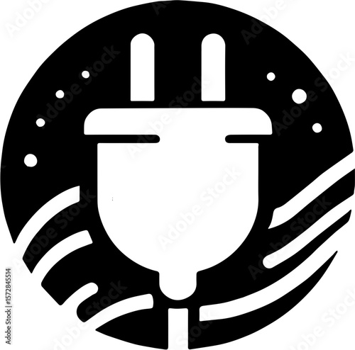 electrical plug icon in black circle with sparkle dots and energy lines suggesting power and clean connection