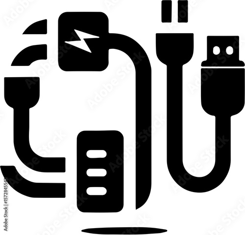 mixed cable and plug icon set showing electrical and data connections with stylized lightning bolt for energy flow