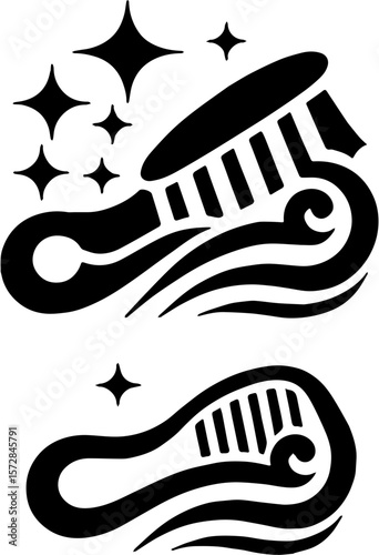 hair brushing and combing icons with sparkles in black and white style for hair care and beauty concepts