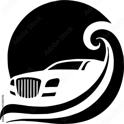 front view car icon with integrated wave inside circular design symbolizing wash or water flow