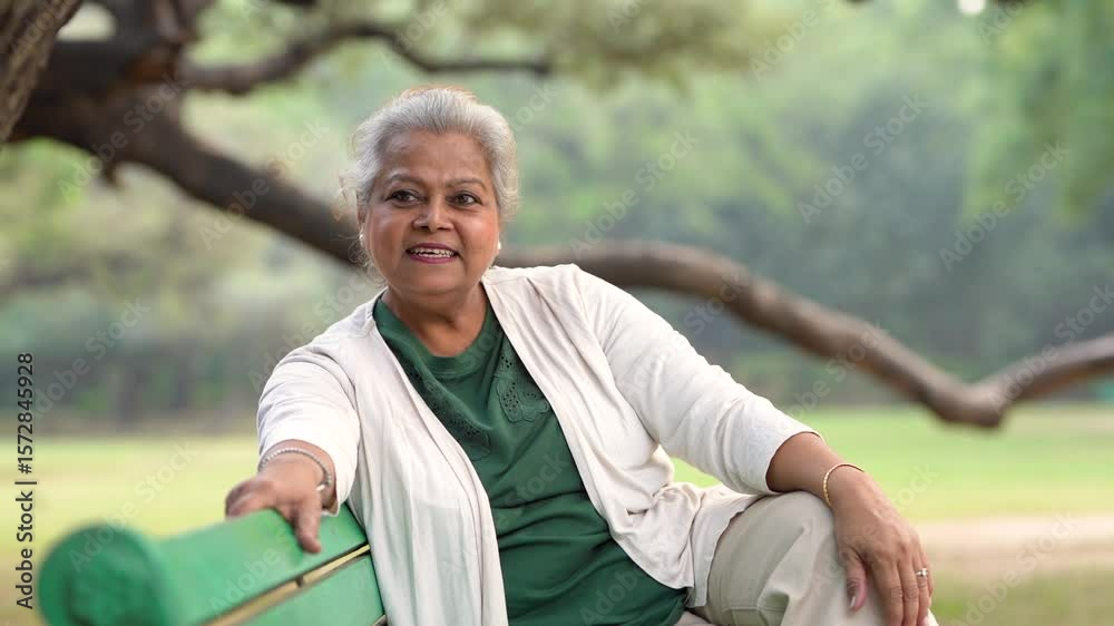 Indian senior woman sitting on bench at park
