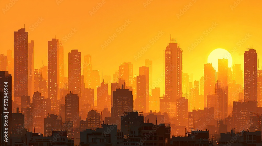 Naklejka premium A panoramic cityscape silhouette at sunset, with a large, bright sun partially obscured by tall buildings; warm orange and yellow hues dominate the scene, creating a hazy, atmospheric effect