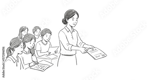 Asian teacher turning away from the class during an exam on white background
