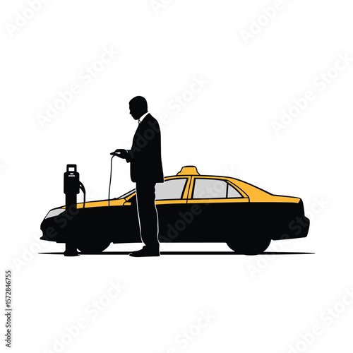Man Entering Taxi While Using Smartphone