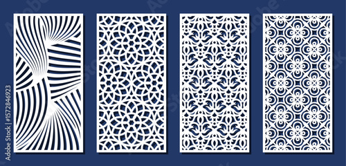 Set of rectangular panels. Vertical grilles, screens, interior decoration with abstract, geometric, plant patterns. Template for plotter laser cutting of paper, wood carving, metal engraving, cnc.