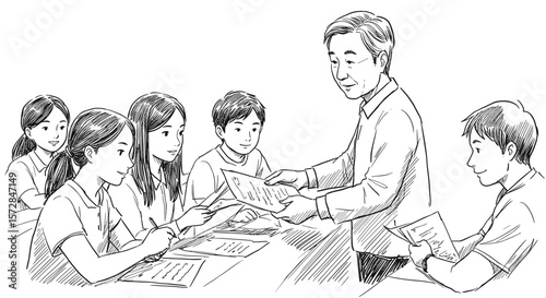 Asian teacher distributing tests to students in a classroom on white background
