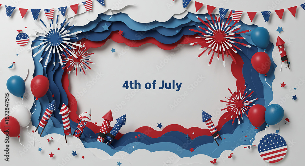 Obraz premium 4th of July paper art design with fireworks, balloons and flag.