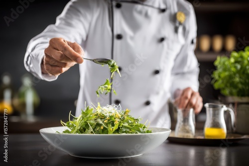 A chef is meticulously plating a fresh summer salad in a bustling kitchen, focusing on each detail to create a visually appealing dish.