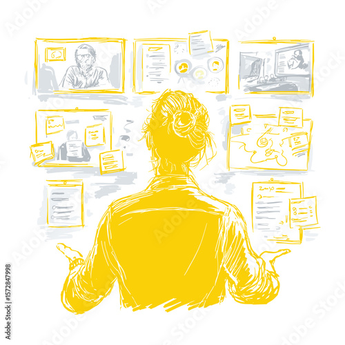 Woman Analyzing Digital Interface with Floating Screens