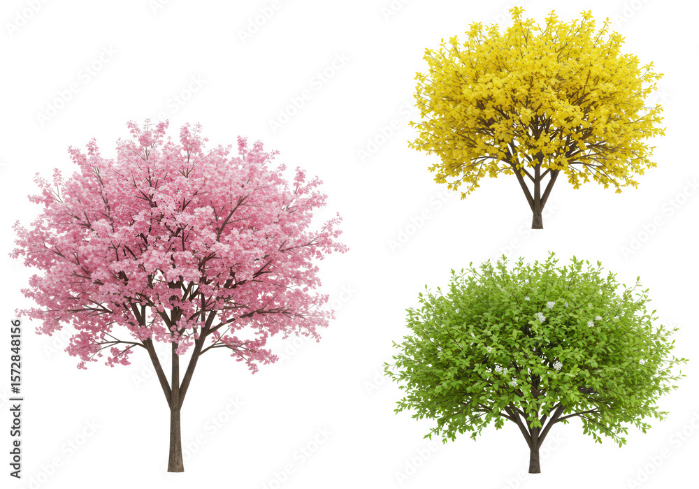 Obraz premium Three trees with pink, yellow, and green leaves stand against a transparent background