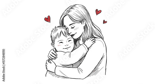 Boy with Down syndrome hugging his mother with love, heart symbols, copy space
