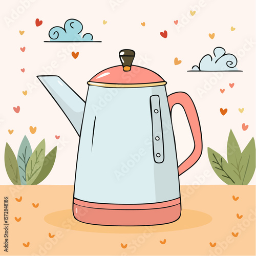 Line art drawing of coffee pot. Hand drawn minimalistic kitchen equipment. Cute doodle kettle. Vector graphic