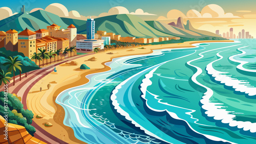 Very beautiful Panoramic aerial scenery of turquoise Mediterranean sea waves falling on Golden Beach shore at Barcelona, Spain. Sandy cost of beautiful bay neighboring with urban landscape tall buildi