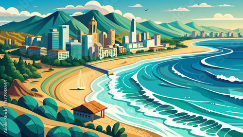 Very beautiful Panoramic aerial scenery of turquoise Mediterranean sea waves falling on Golden Beach shore at Barcelona, Spain. Sandy cost of beautiful bay neighboring with urban landscape tall buildi