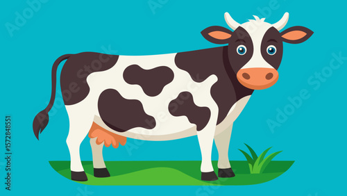 Cute cartoon cow with brown and white spots standing on green grass