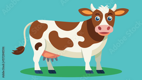 Cute cartoon brown and white cow standing on green grass with blue background