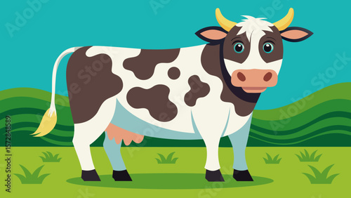 Cute cartoon cow with brown spots standing in a green grassy field
