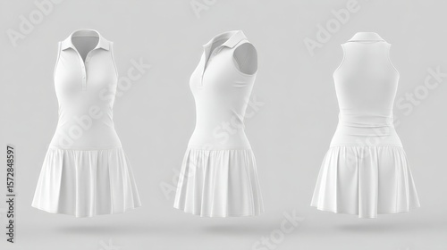 white sleeveless tennis dress mockup in front, side, and back views, sportswear branding and athletic apparel 