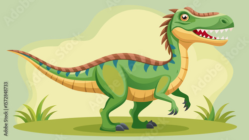 Cartoon green dinosaur with sharp teeth and claws walking on grass