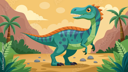 Cute cartoon dinosaur with orange spikes on its back in a prehistoric landscape
