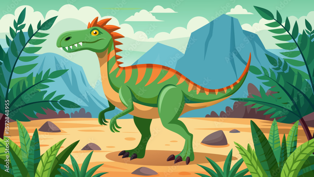 Obraz premium Green dinosaur with orange stripes walks through a prehistoric jungle landscape