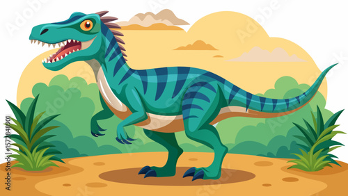 Green velociraptor dinosaur roaming through a lush prehistoric landscape