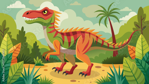 Colorful cartoon dinosaur roaming through a lush prehistoric jungle landscape