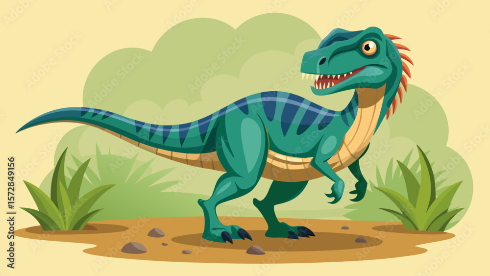 Fototapeta premium Cartoon green dinosaur with blue stripes walking in a prehistoric landscape