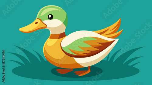Cute cartoon mallard duck standing in green grass with a teal background