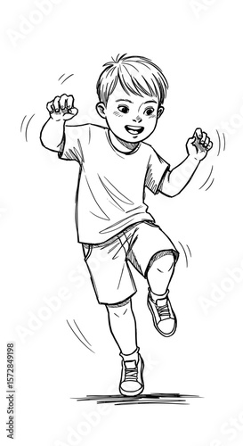 Boy with Down syndrome playfully dancing, joyful movement, copy space