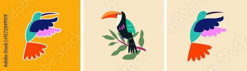 Vector set with hummingbird bird. Art posters
