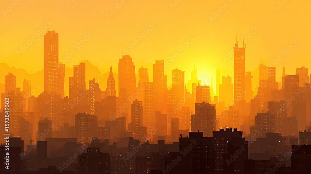 Naklejka premium A hazy sunrise bathes a dense cityscape in warm, golden hues, silhouettes of skyscrapers and buildings stretching across the horizon, mountains faintly visible in the distance