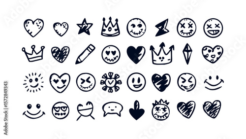 Smile doodle emoji faces in hand drawn vector doodle sketchy style. Happy, sad, crying emotional scribbles, comic elements for business design.