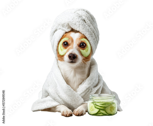 Cute dog wearing a towel and cucumber slices on eyes isolated on transparent background