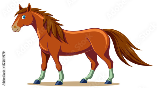 A cute cartoon brown horse with a flowing mane and tail standing gracefully