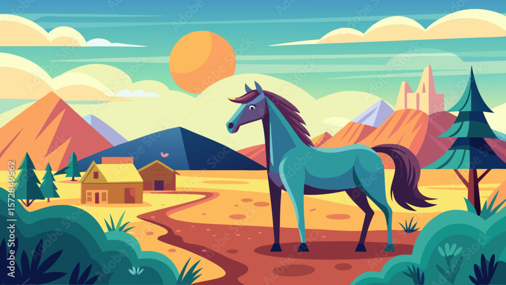 Fototapeta premium Stylized teal horse stands in a vibrant landscape with mountains and a farmhouse