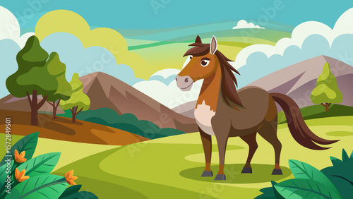 Cartoon horse standing in a vibrant green meadow with mountains and clouds