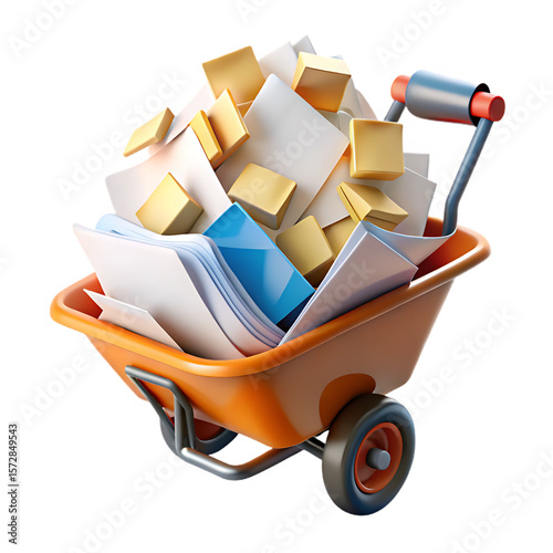 3D Render Wheelbarrow Overflowing with Business Documents and Folders