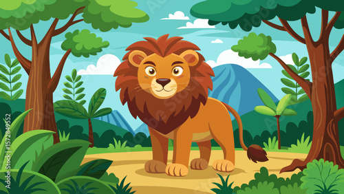 Cute cartoon lion standing in a lush jungle with mountains in the background